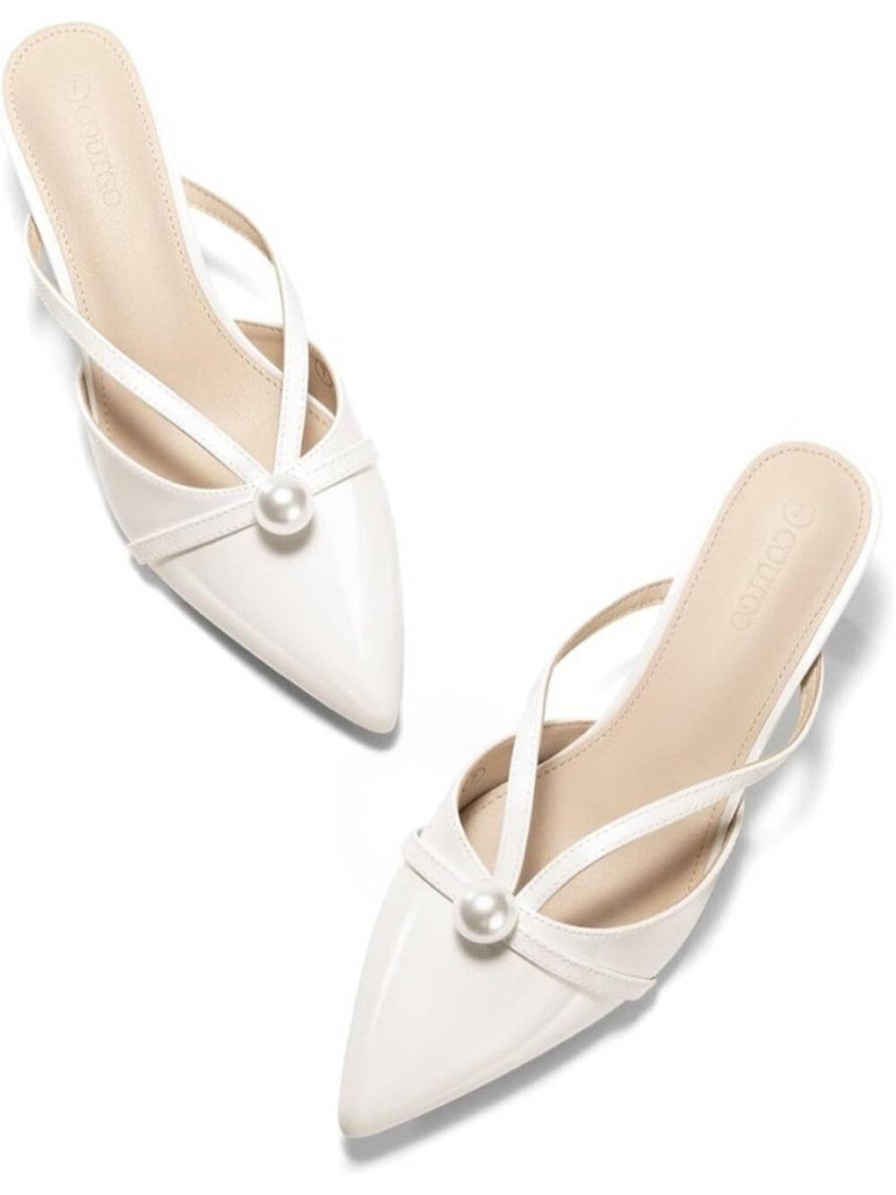 Women's Cream White Rubber Satin Pearl Kitten Heel Pointed Toe Slingback Sandals